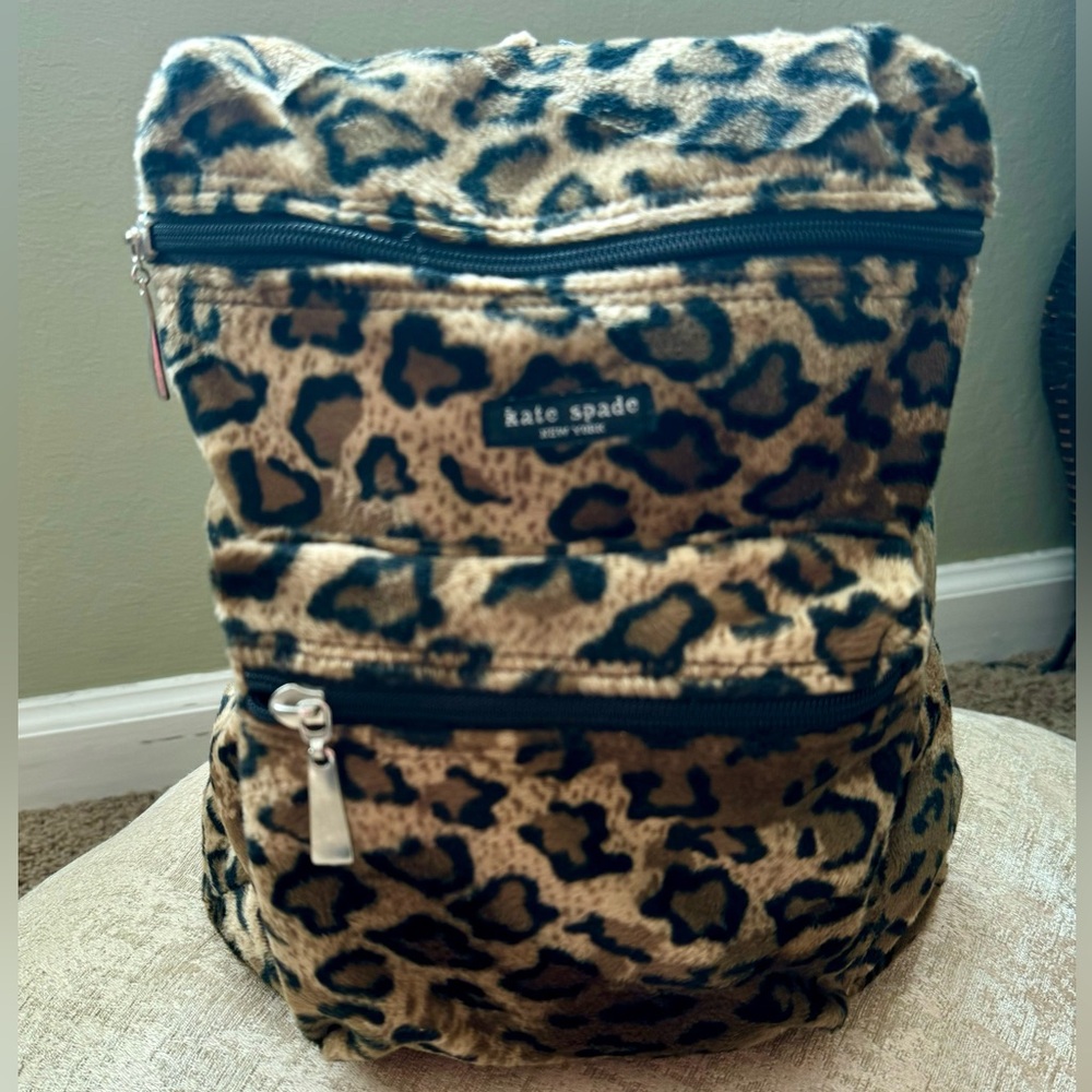 Kate Spade Backpack, faux fur leopard- small size 13”x9”x3”
